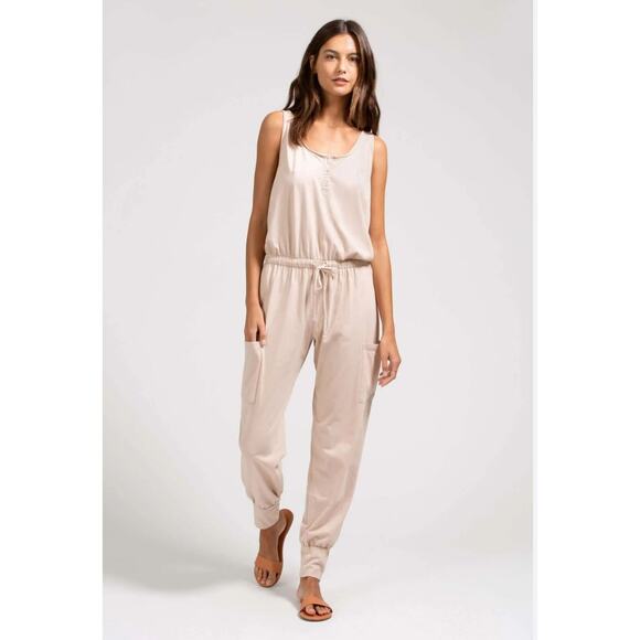 Eberjey WMNS Tan/Pink 100% Cotton Jumpsuit Sz S/P Button Up Stretchy Waist Scoop - Picture 1 of 8